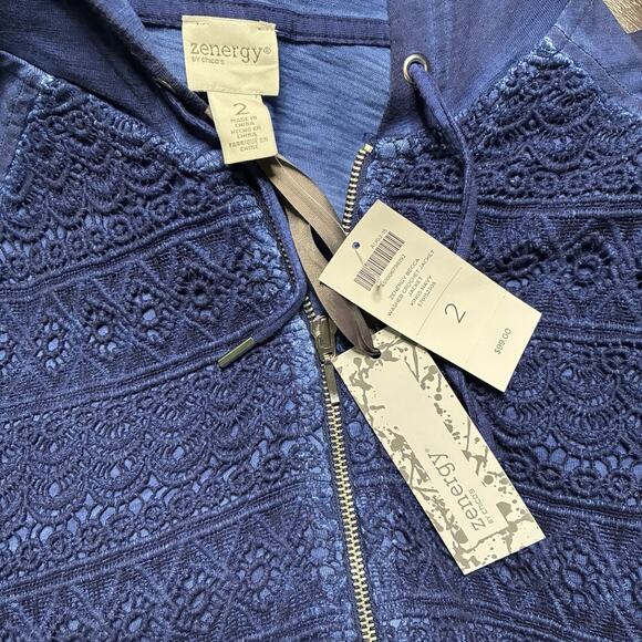 Chico's Zenergy Jacket NWT Size 2 (Large) Becca Kings Navy Washed Crochet Zip - Picture 4 of 7